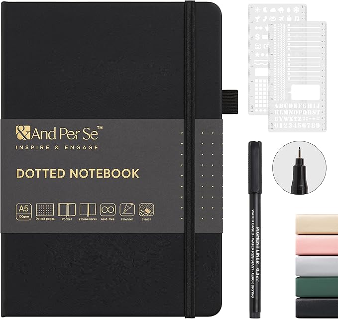 &And Per Se A5 Hardcover Dotted Notebook Kit for Beginners – 176 Numbered Pages, 100gsm Thick Paper, Includes Stencils & Fineliner Pen | Leather Bullet Journal with Templates, Lay Flat Design, Premium Gift for Women Men (Black)