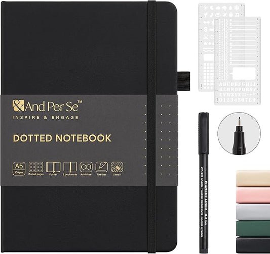&And Per Se A5 Hardcover Dotted Notebook Kit for Beginners – 176 Numbered Pages, 100gsm Thick Paper, Includes Stencils & Fineliner Pen | Leather Bullet Journal with Templates, Lay Flat Design, Premium Gift for Women Men (Black)