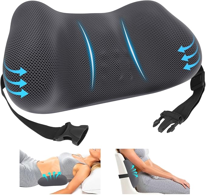 Lumbar Support Pillow for Office Chair, Memory Foam Lower Back Support, Ergonomic Lumbar Pillow with Adjustable Strap, Breathable Cover (Grey)