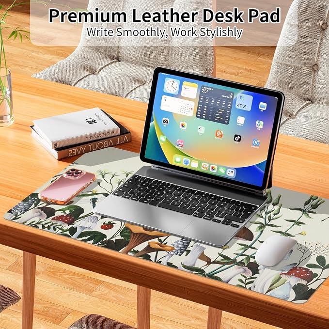 Bloss Mushroom Desks Pad, Clearance Overstock Limited Stock Discontinued Size 31.5" x 15.7" Large Leather Mouse Pad for Desktop, Desk Mat for Keyboard and Mouse,Waterproof Computer Laptop Desk Mat