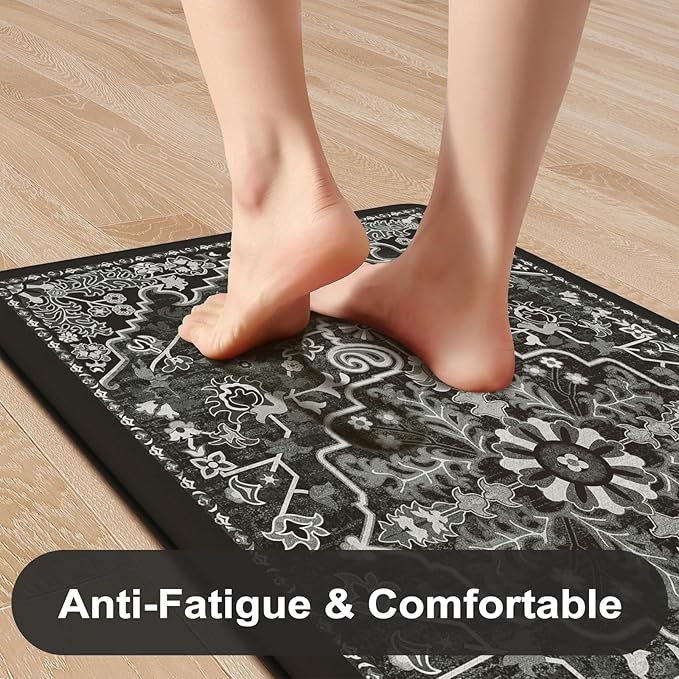 KIMODE Anti Fatigue Kitchen Mat Cushioned, Boho Kitchen Rugs Sets of 2 | Non Slip Memory Foam Kitchen Mat for Floor, Distressed Standing Desk Mat for Laundry Office Sink 17.3"x29"+17.3"x59" Black