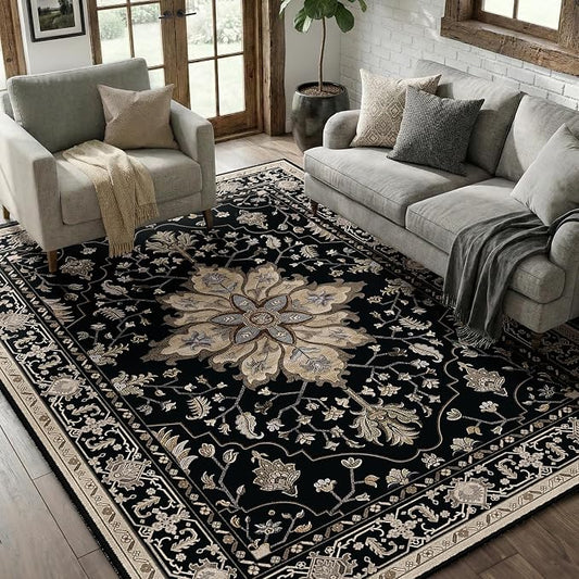 RELEANY Area Rugs 6'x8' Washable Non-Slip, Floral Vintage Distress Medallion Carpet for Living Room Bedroom Dining Room, Black Brown Neutral Dark Tan