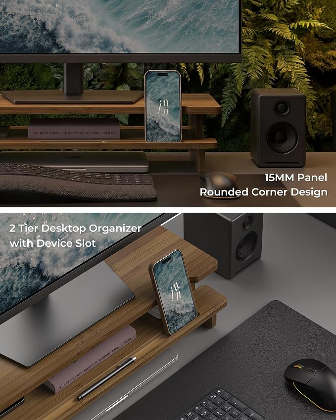 23” Monitor Stand with Phone Tablet Holder Bamboo Desk Shelf | Monitor Riser for 40-55” Desk Cozy Computer Setup Workplace Organizer Keyboard Storage Toasted Bamboo Color Compact Ergonomic