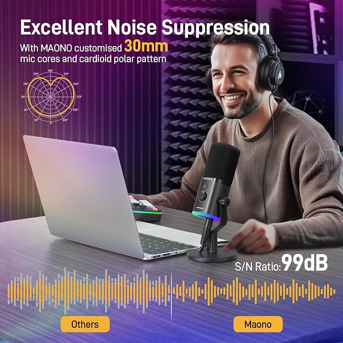 MAONO USB/XLR Podcasting Microphone for PC, Gaming Streaming Dynamic Mic with Mute Button, RGB, Desktop Stand,Computer Mic for Video Studio Recording-PD100X,Black