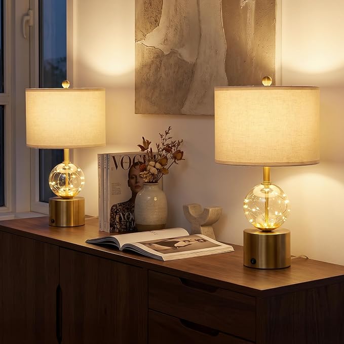 Oneach 20.5" Small Bedside Table Lamps for Bedroom Nightstands, Gold Glass Modern Table Lamps Set of 2 with USB A+C Charging Port, Night Light, Luxury Lamps for Living Room End Table(Bulbs Included)