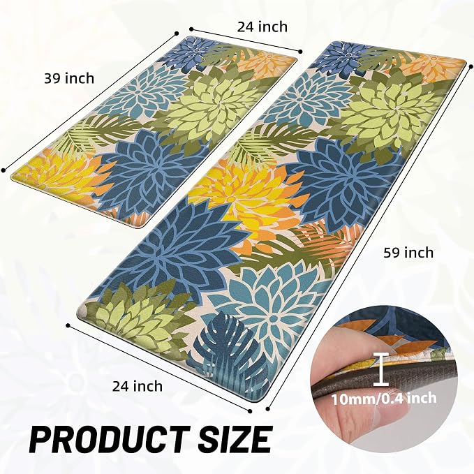 Arenarug Kitchen Mats for Floor 2PCS Cushioned Anti Fatigue Kitchen Mats Waterproof Non Slip Kitchen Mat Rug Set Comfort Foam Standing Mat for Sink, Laundry, Office, 24"x39"+24"x59", Yellow Green