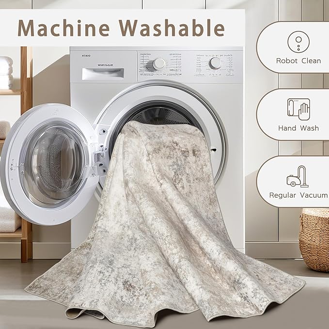 Srugn Washable Rugs 4x6 Area Rugs for Living Room,Bedroom,Kids Room,Nursery- Soft Faux Wool Small Carpets,Non Slip&Non-Shedding Low Pile Vintage Print Rugs for Enterway,Home Office Decor-Beige Grey