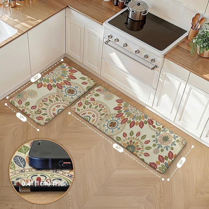 GENIMO Anti Fatigue Kitchen Mats for Floor 2PCS, Cushioned Standing Mats | 17.3"x47"&17.3"x30", Beige Red vintage floral rug set, waterproof, non slip, easy-clean for farmhouse