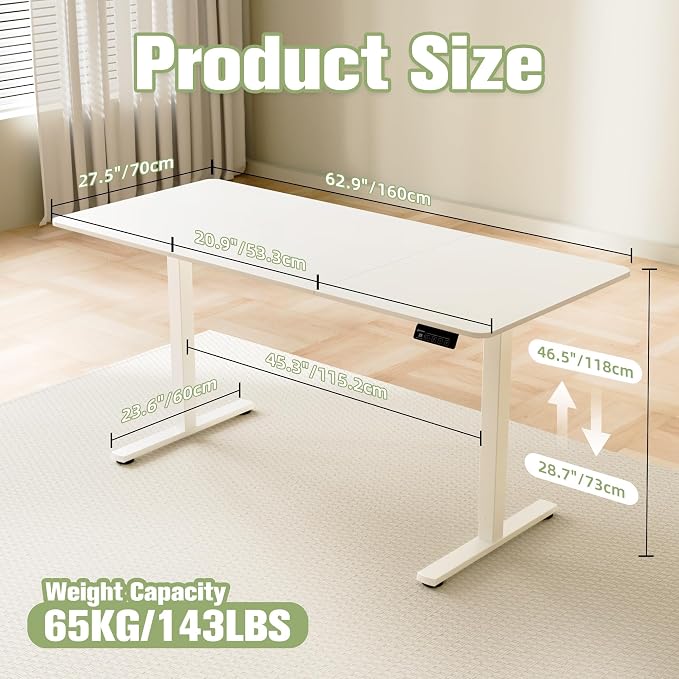 ERGOMAKER 63"x28" Standing Desk, Height Adjustable Sit-Stand Office, White | Electric Adjustable Standing Desk, Sit to Stand Computer Office Desk with Splice Board, Memory Preset, Lifts 28.7''-46.5"