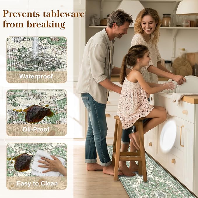 Boho Kitchen Mats for Floor 2 Piece Set Anti Fatigue Cushioned PVC Kitchen Rugs Non Slip Waterproof Farmhouse Mats 2/5 Inch Comfort Standing Mat for Sink, Laundry, 17.3"x47"+17.3"x28", Spring Green