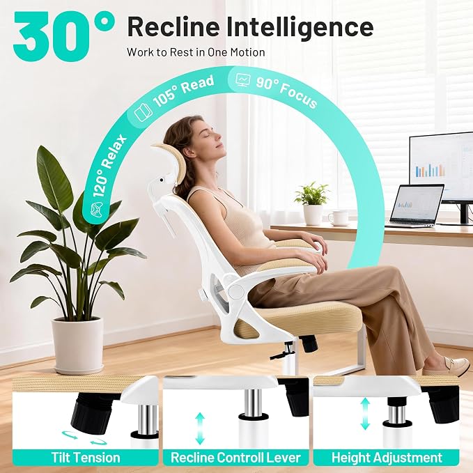 AreShark Office Chair - Ergonomic Desk Chair Breathable Mesh Chair with 2D Headrest & Adjustable Lumbar Support - Executive High Back Rolling Swivel Computer Gaming Chair with Wheels Flip-up Armrests