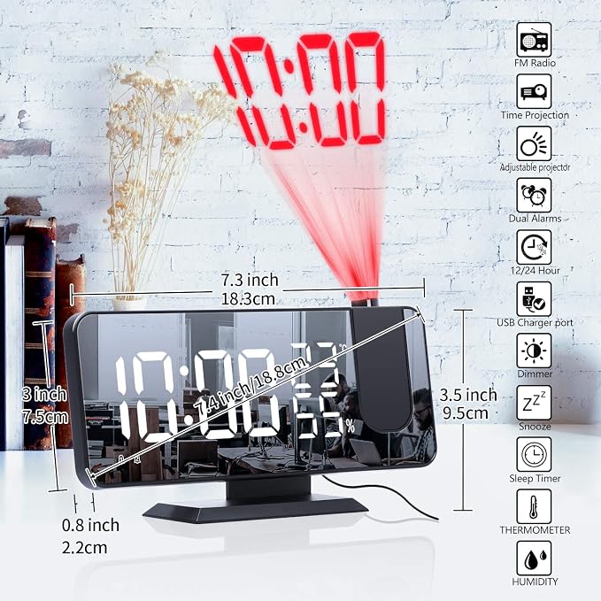 Projection Alarm Clock for Bedrooms Ceiling, Digital Clock Radio | With USB Charger Port, Temperature & Humidity Display, 7.3” Large LED Display,12/24H,Snooze,Dual Loud Clock- 4 Dimmer