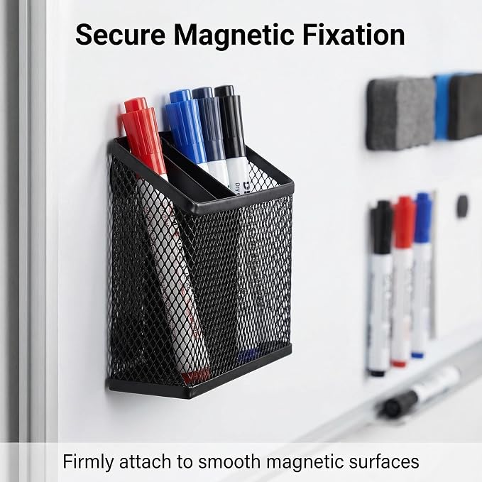 Neudeco Magnetic Pen Holder, Black, 2 Pack, 3-Compartment Metal Mesh | Magnetic Organizer for Whiteboard, Refrigerator, Locker & Filing Cabinet, Dry Erase Marker Holder