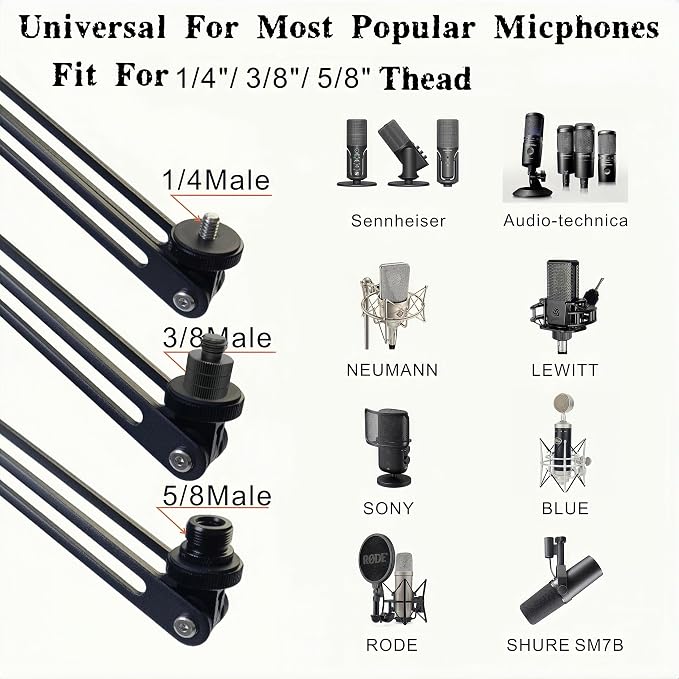 Low Profile Mic Boom Arm, 360° Rotatable 3-Section Foldable Desk Microphone Stand, 2.5kg Heavy Duty C Clamp Mic Mount with 1/4 3/8 5/8 Screw Adapter for Streaming Podcast(C Clamp Mount)