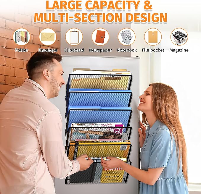 Magnetic File Holder, 6-Tier Foldable No Drilling Magnetic File Folder Holder, Space-Saving Black Magnetic Hanging File Organizer for Whiteboard, File Cabinets, Refrigerator, Office, Kitchen