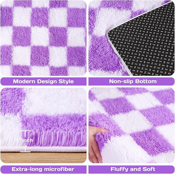 Area Rugs for Living Room 9x12, Ultra Fluffy Shag Checkered Rug Modern Washable Carpet Soft Shaggy Non Slip Indoor Plush Fuzzy Rugs for Bedroom Dorm Office Home Aesthetic Decor, White and Purple