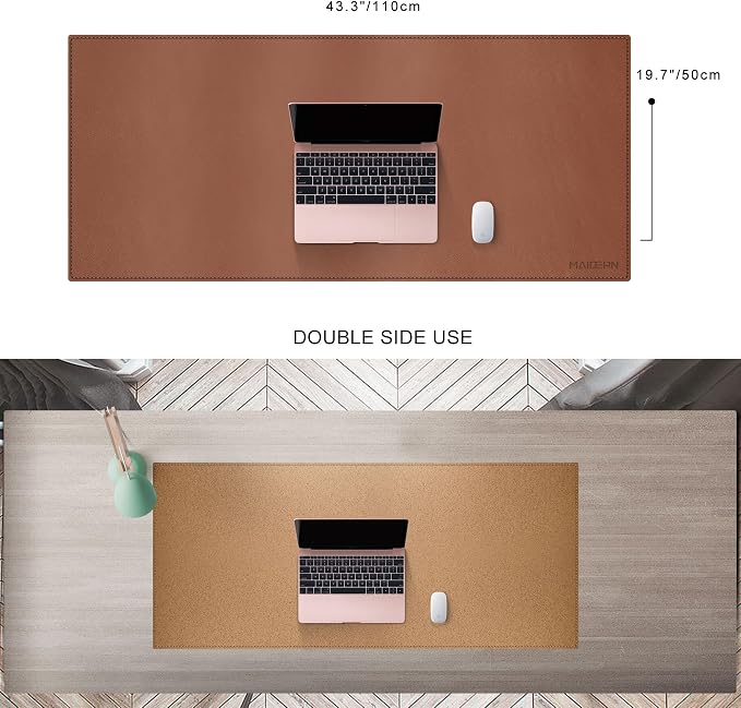MAIDERN 43.3”x 19.6” Leather Desk Mat, Large Desk Pad, Cork & Leather Large Mouse pad for Desk, Waterproof Computer Desk Mat for Gaming Home Office (Brown)