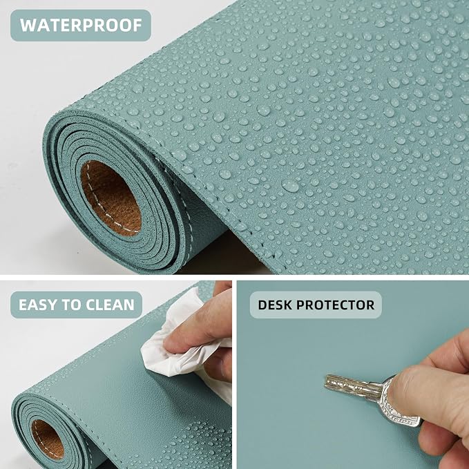 AFIING Leather Desk Pad Protector, 47" x 17" Large Desk Mat with Natural Cork & PU Leather, Mouse Pad, Non-Slip, Waterproof Desk Writing Pad for Office and Home (Light Blue)