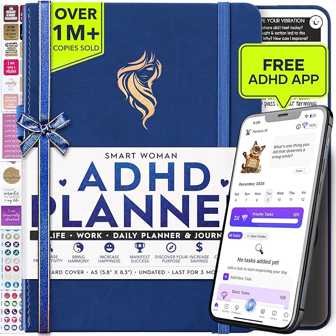 Adhd Daily Planner - A Self Care Personal Gratitude Journal to Increase Productivity and Success in Life & Work, Weekly & Monthly Undated Planner for Women and Men, Vision Board & Organizer + Stickers