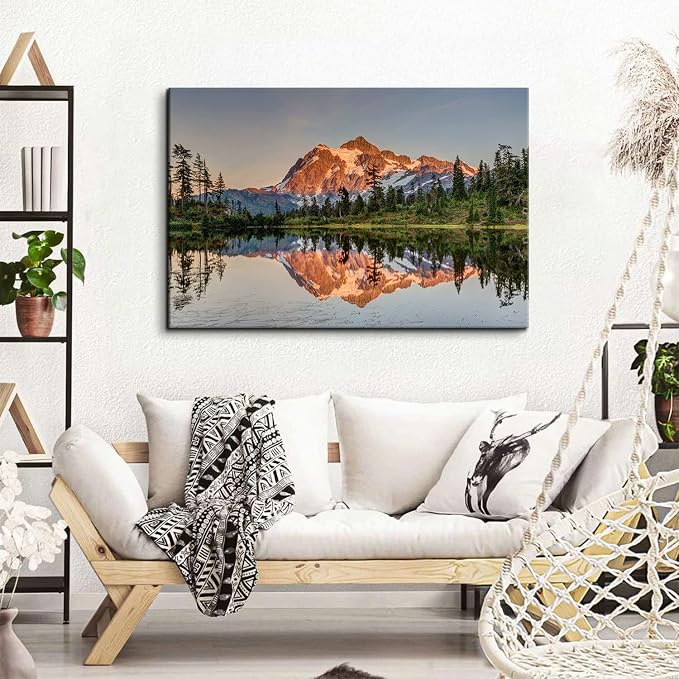 Nature Mountain Scenery Canvas Wall Art Home Decorations Mount Baker Washington Landscape Picture Wall Decor Sunset Forest River Panoramic Painting for Modern Living Room Bedroom Framed Artwork 32x48"