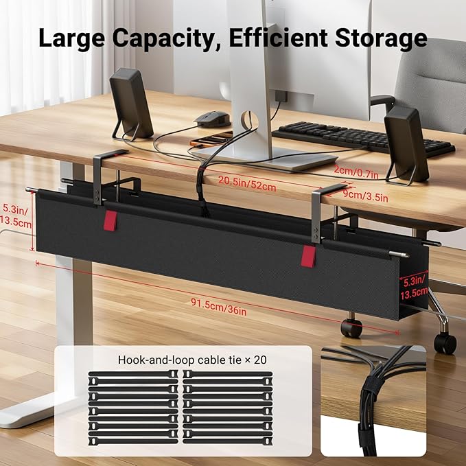 Housolution Under Desk Cable Management Tray, 36'' Cord Management | Premium Fabric Cable Storage Organizer, No Drilling Clamp/Screw Mount Cord Organization Tray for Office Home