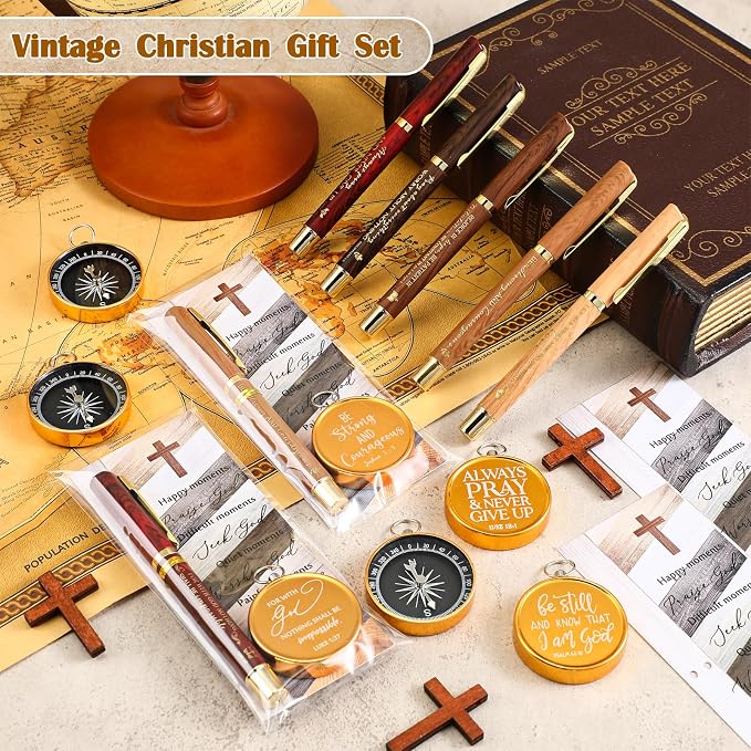 Spakon Christian Gifts for Men Religious Baptism Church Inspirational Bible Verse Engraved Compass Bamboo Pen Bookmark Christian Gifts for Pastor Father Sunday School Father's Day