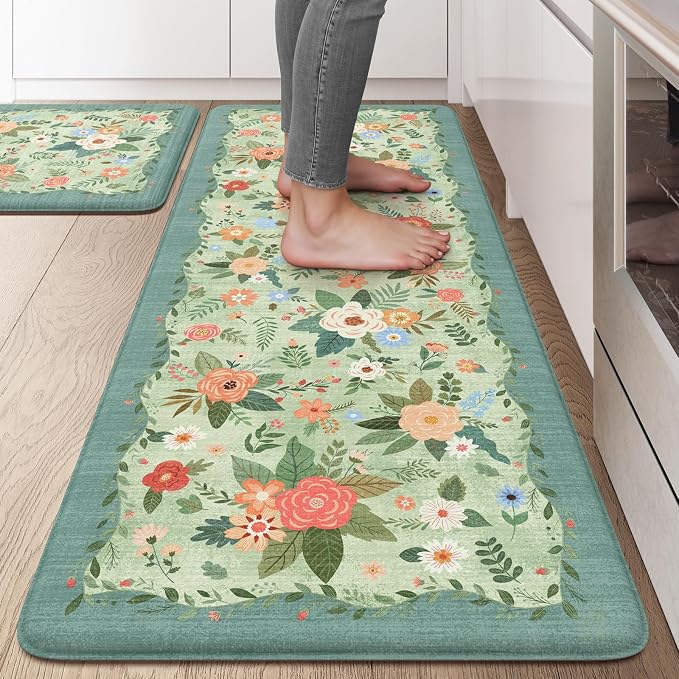 KIMODE Kitchen Mats for Floor Cushioned Anti Fatigue, Green Boho Flower Rug | 20"x47"+20"x32" Rugs for Kitchen Floor,Floral Kitchen Rugs Sets of 2,Comfort Kitchen Floor Mats,Standing Desk Mat for Sink