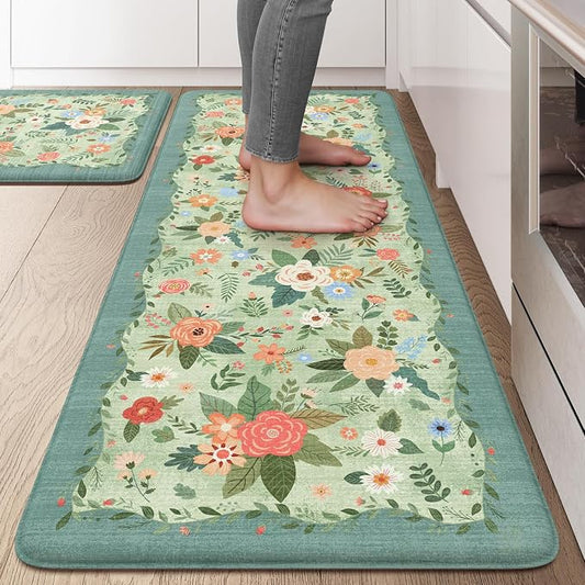 KIMODE Kitchen Mats for Floor Cushioned Anti Fatigue, Green Boho Flower Rug | 20"x47"+20"x32" Rugs for Kitchen Floor,Floral Kitchen Rugs Sets of 2,Comfort Kitchen Floor Mats,Standing Desk Mat for Sink