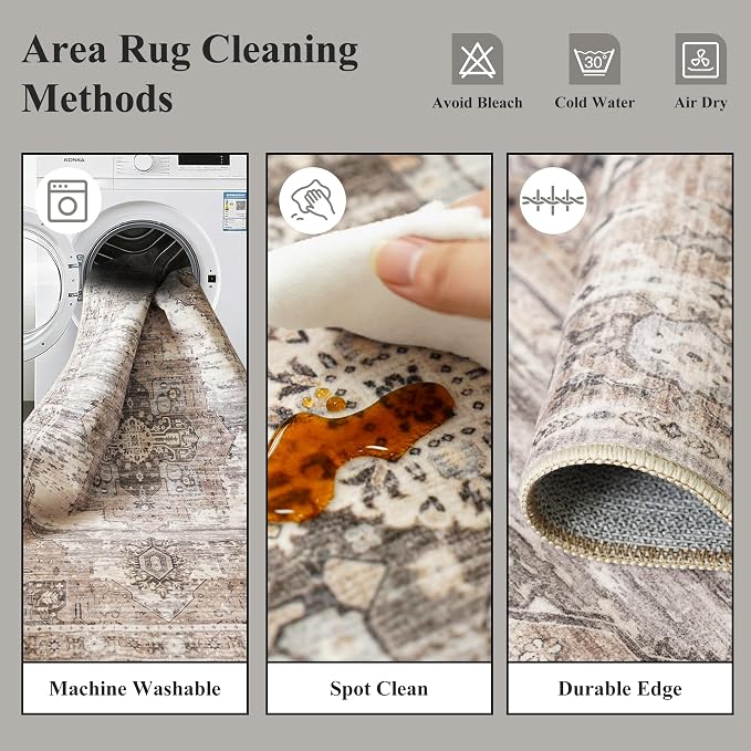 Washable Vintage 8x11 Area Rugs, Indoor Large Living Room Rugs Low Pile Soft Carpet with Non-Slip Backing, Stain Resistant and Easy Care Room Decor Mat for Bedroom Dining Room Office 8x11 Beige