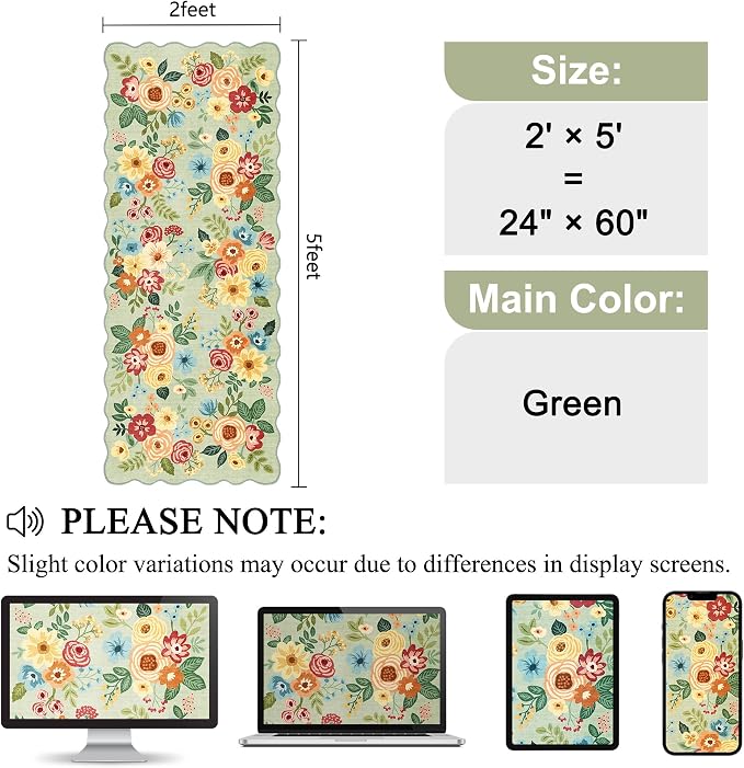 DUKINO 2x5 Washable Runner Rugs, Non Slip Floral Print Entryway Rug with Soft Low Pile, Lightweight Mat for Living Room, Bathroom, Bedroom, Kitchen, Green