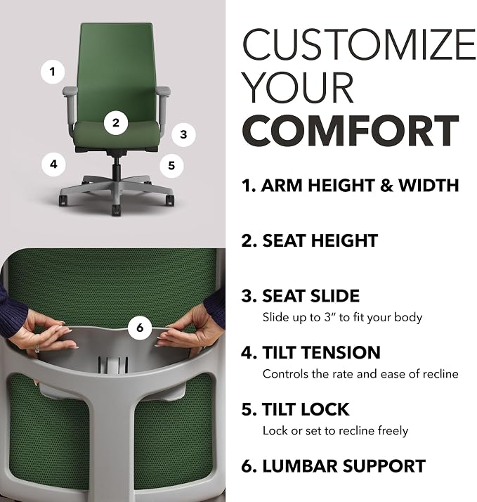 HON Ignition 2.0 Mid Back Task Chair, Spectrum Mesh, Advanced Synchro-Tilt Control, Office Chair with Lumbar Support, Height and Width Adjustable Arms, Titanium Frame, Leaf