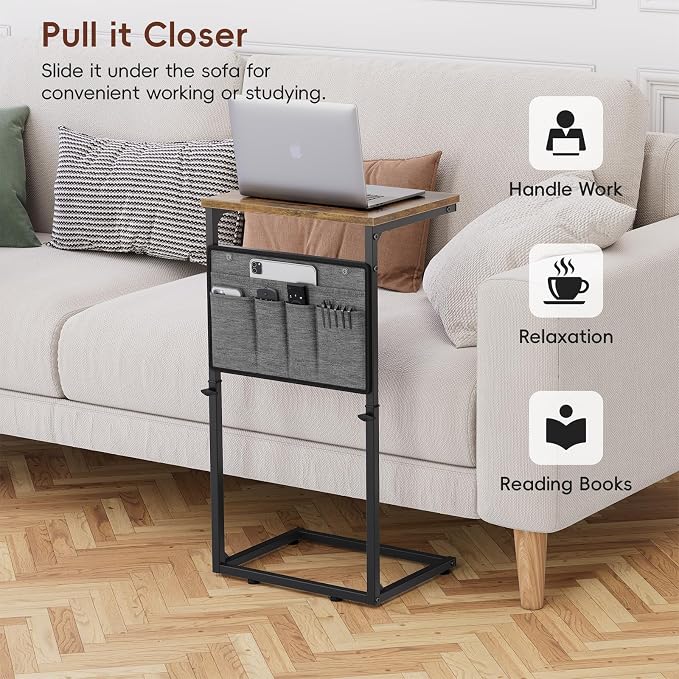 Vagusicc C Shaped End Table, Small Side Table for Couch, Adjustable Height Sofa Table with Metal Frame for Living Room, 33'' Tall Side Table for Couch, Bedroom, Bedside, Rustic Brown and Black