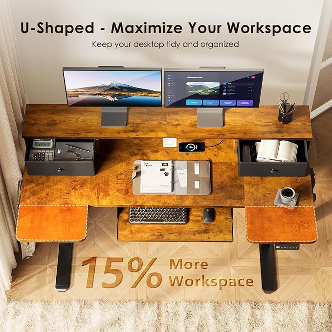 OffiGo U Shaped Electric Standing Desk with Drawers, 55 Inch Height Adjustable Desk with Keyboard Tray ＆ Ergonomic Monitor Stand, Sit Stand Table with Power Outlets for Home, Office, Rustic Brown