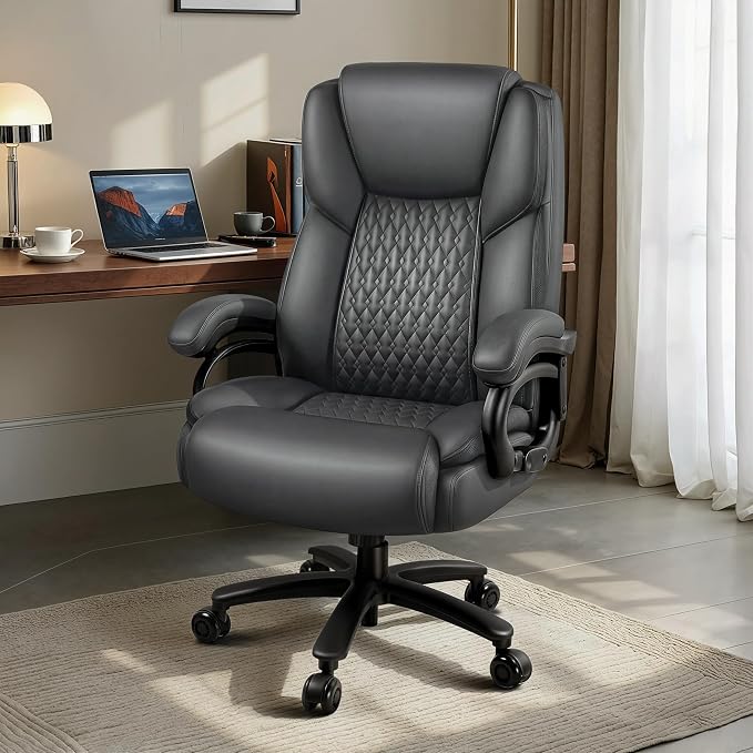Big and Tall Office Chair 500lbs with Lumbar Support, Ergonomic Heavy Duty Black Office Chair, Leather Office Executive Chair with Quiet Rubber Wheels, Grey Office Comfortable Chair for Heavy People