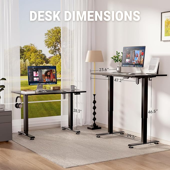 Veken 47.2" Standing Desk, Adjustable Height Office Desk with Wood Desktop, Computer Table for Home Work, Study and Gaming, Small Spaces, Modern Furniture, Black | Height Adjustable Sit Stand Up Computer Tables for Home Office, Study and Writing, Suit ...