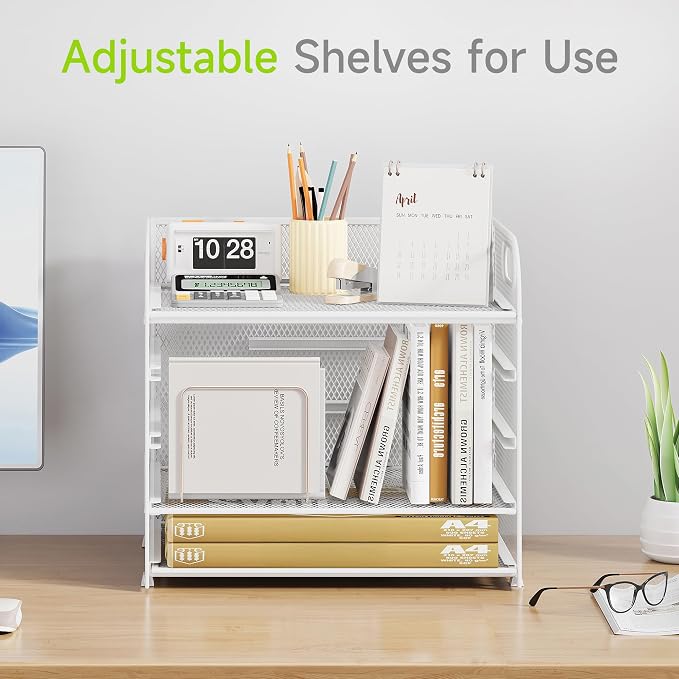 Cawukege 5 Tier Paper Organizer with Handle, White Metal Mesh Desk Organizer File Folder Paper Letter Tray Desktop Document Sorter for Classroom, School, Office Accessories Organization and Storage