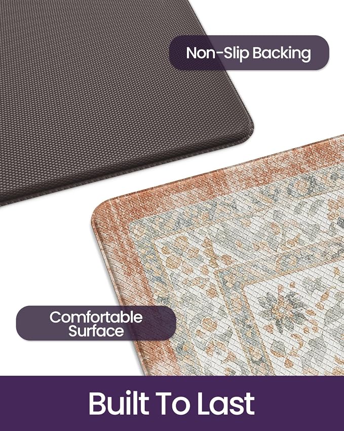 DEXI Kitchen Floor Mats Anti Fatigue, 23x86 Large Long Cushioned Vintage Runner Rug Waterproof, Standing Comfort Memory Foam Padded for Front Sink Laundry Office, Orange and White