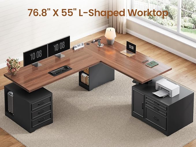SEDETA Farmhouse L Shaped Electric Standing Desk with File Cabinet, 77 x 55'' Height Adjustable Home Office Computer Desk with 6 Drawers, Power Outlet, Sit Stand Desk, Black