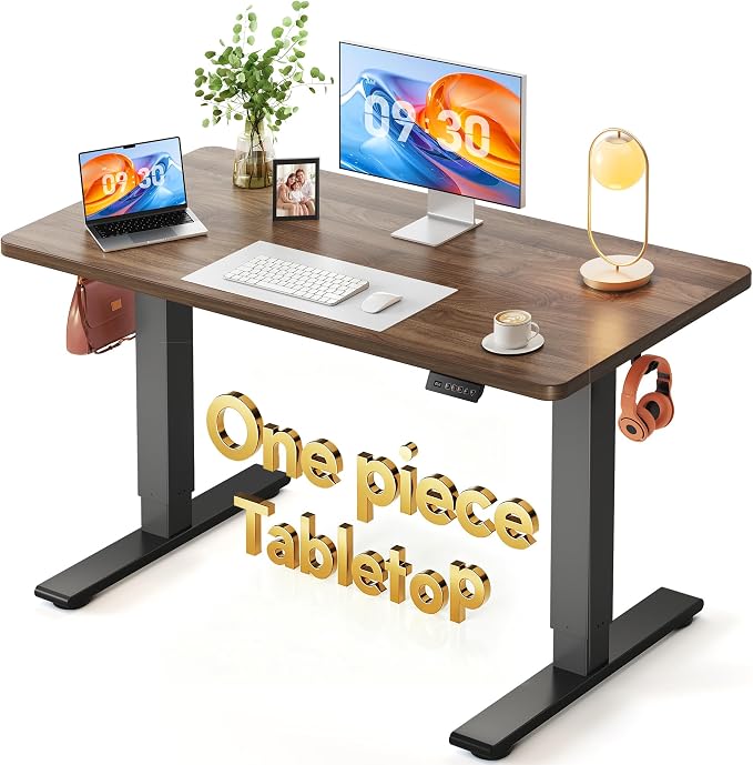 FEZIBO One-Piece Standing Desk, 48"x24" Seamless Tabletop Electric Height Adjustable for Home Office, Study Rooms & Multi-Device Workstations, Black Walnut