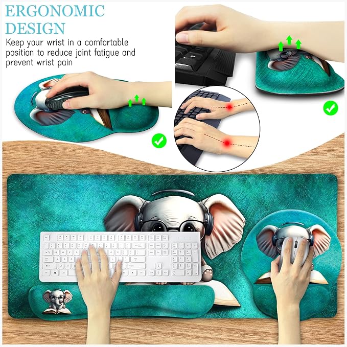 LIMKRIAN Desk Mat Pad, Large Gaming Mouse Pad with Wrist Rest Wrist Support, Ergonomic Mouse Pad Keyboard Mat Wrist Rest, Cup Coaster, Home Office Desk Accessories Decor Supplies, Cute Elephant