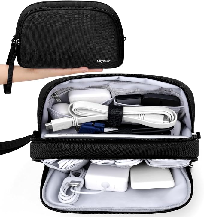 Skycase Travel Cable Organizer - Lightweight Water Resistant Dual-Layer Tech Pouch with Wrist Strap 11 Compartments Electronic Organizer Travel Case for Charger Cord Hard Drive,Large,Black