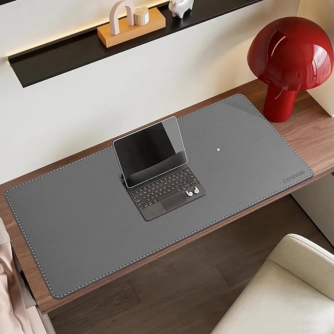 CENNBIE 35.5" x 16" Leather Desk Mat, Non-Slip Waterproof Extra Wide Desk Pad Protector,Computer Mouse Pad for Office Home (Grey)