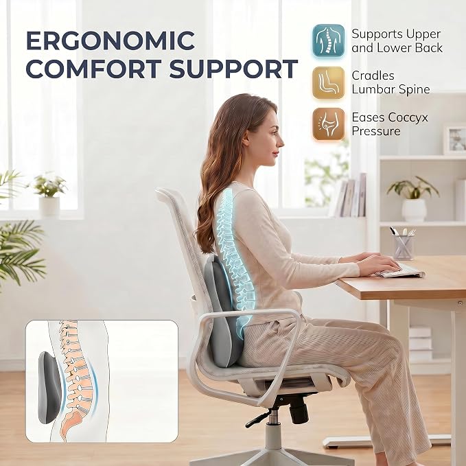 Lumbar Support Pillow, Ergonomic Memory Foam Back Cushion for Car Office Chair Gaming Chair, Washable Cool-Touch Cover for Lower Back Support (Dark Grey)
