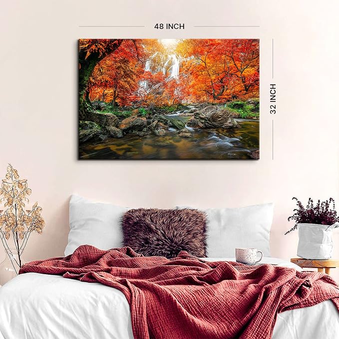 Mountain Waterfall Canvas Wall Art Tropical Forest Pictures Wall Decor for Living Room Kitchen Office Home Decoration 32x48” Nature Tree Scenery Posters for Room Aesthetic Artwork Burnt Orange Sunset