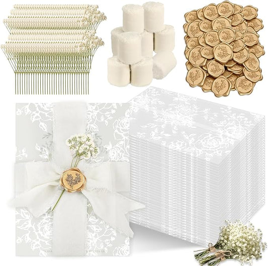 Wedding Invitation Accessories Kit, Pre-Folded Vellum Jackets for 5×7 Invitations with Wax Seal Stickers, Ribbon & Dried Flowers, Elegant Wedding Invitation Accessories for DIY Bridal Invites (White-Rose, 100)