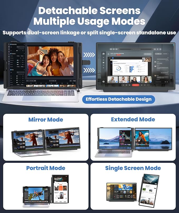 15.6" Detachable Laptop Screen Extender, Ultra-Light Portable Monitor, FHD 1080P Dual Monitor for 14"-17.3" Laptops, Plug & Play Travel Monitor, Compatible with Windows, Mac, ChromeOS, PS5