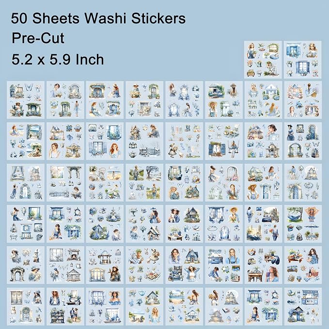 YagCu Garden Junk Journal Stickers, 50 Sheets Washi Journaling Sticker Book, Scrapbook Supplies, Watercolor Scrapbooking for Adults, Blue Decorative Ephemera Arts Craft