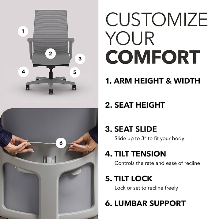 HON Ignition 2.0 Mid‑Back Ergonomic Office Chair, Mesh Task Seating with Lumbar Support, Advanced Synchro‑Tilt, Height and Width Adjustable Arms, Titanium Frame, Frost