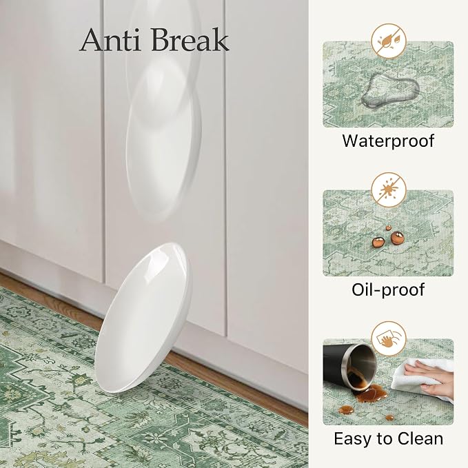 GENIMO Kitchen Mats for Floor 2PCs, Washable Anti Fatigue Mat for Cushioned, 17.3"x47"+17.3"x30", Waterproof Kitchen Rugs, Non Slip Comfort Standing Mat Rug for Home, Sink, Laundry, Light Green
