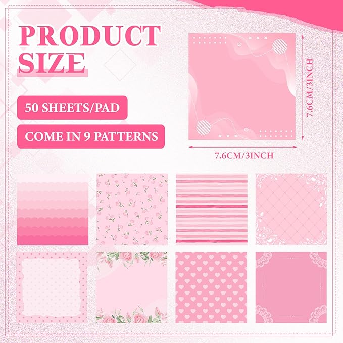 9 Pcs Aesthetic Sticky Notes Cute Pastel Self Stick Notepads Easy to Post Desk Supplies for Home Office Decor School Accessories Women Birthday Coworker Gifts(Pink)